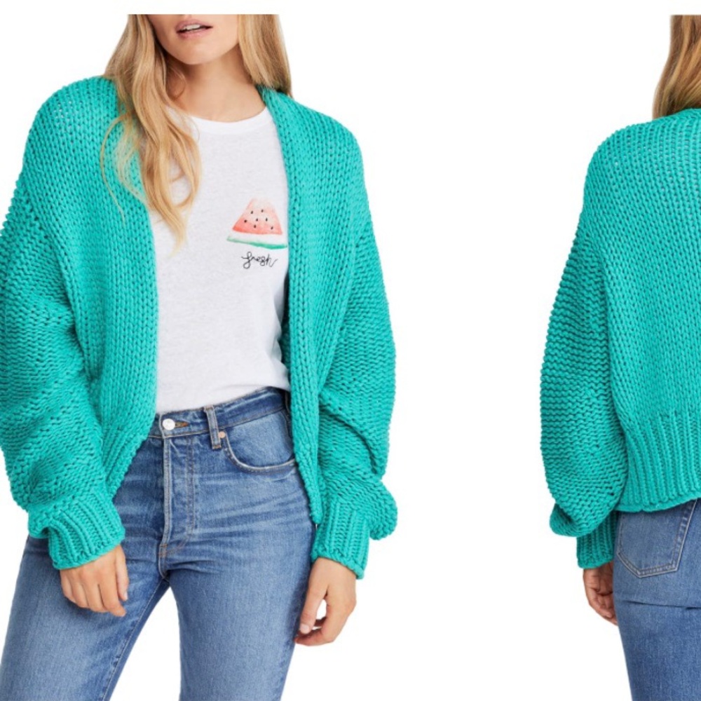 Free People Teal Open-Front Chunky Knit Cardigan